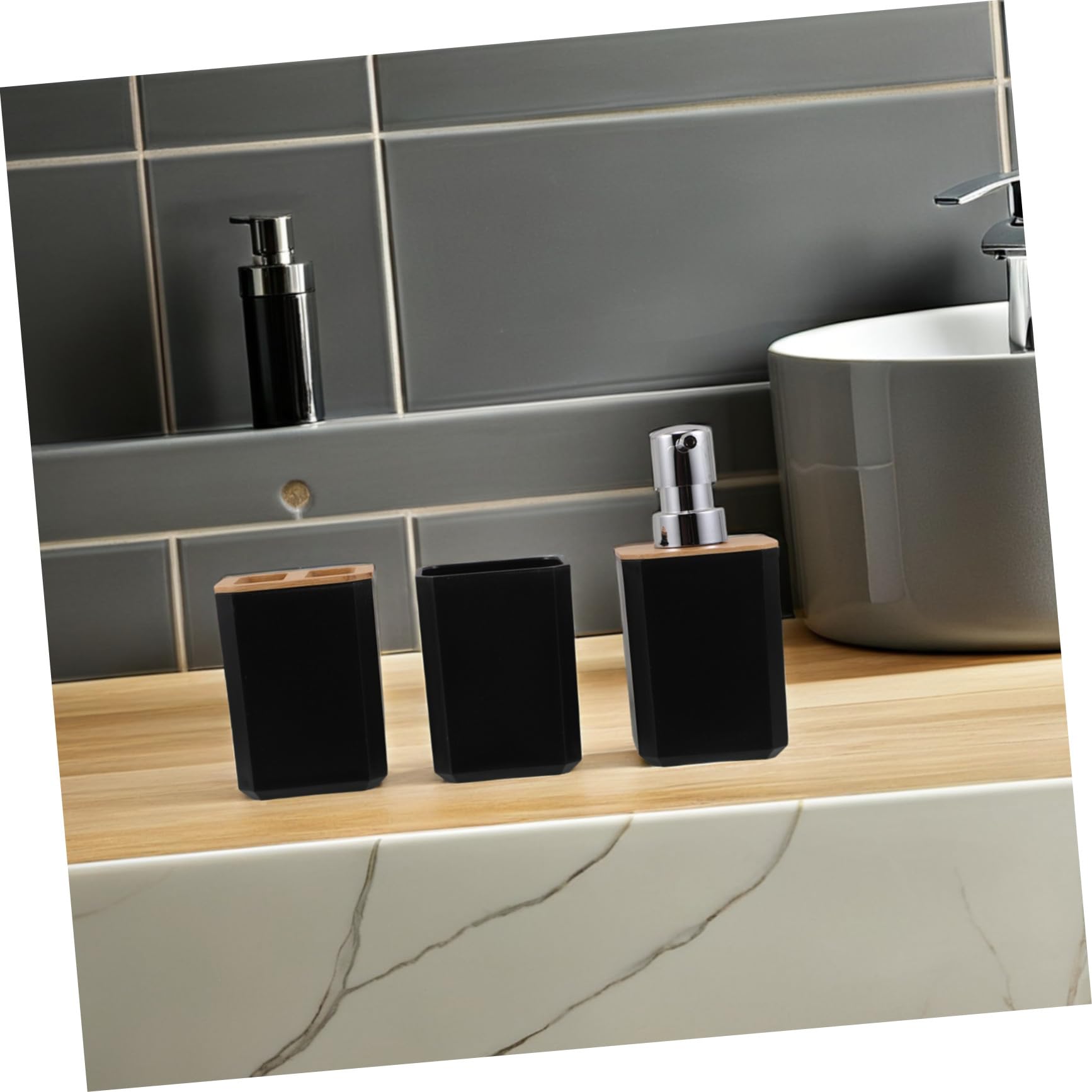 Juego de Accesorios de Baño de Bambú Negro, 7 Piezas para Hogar