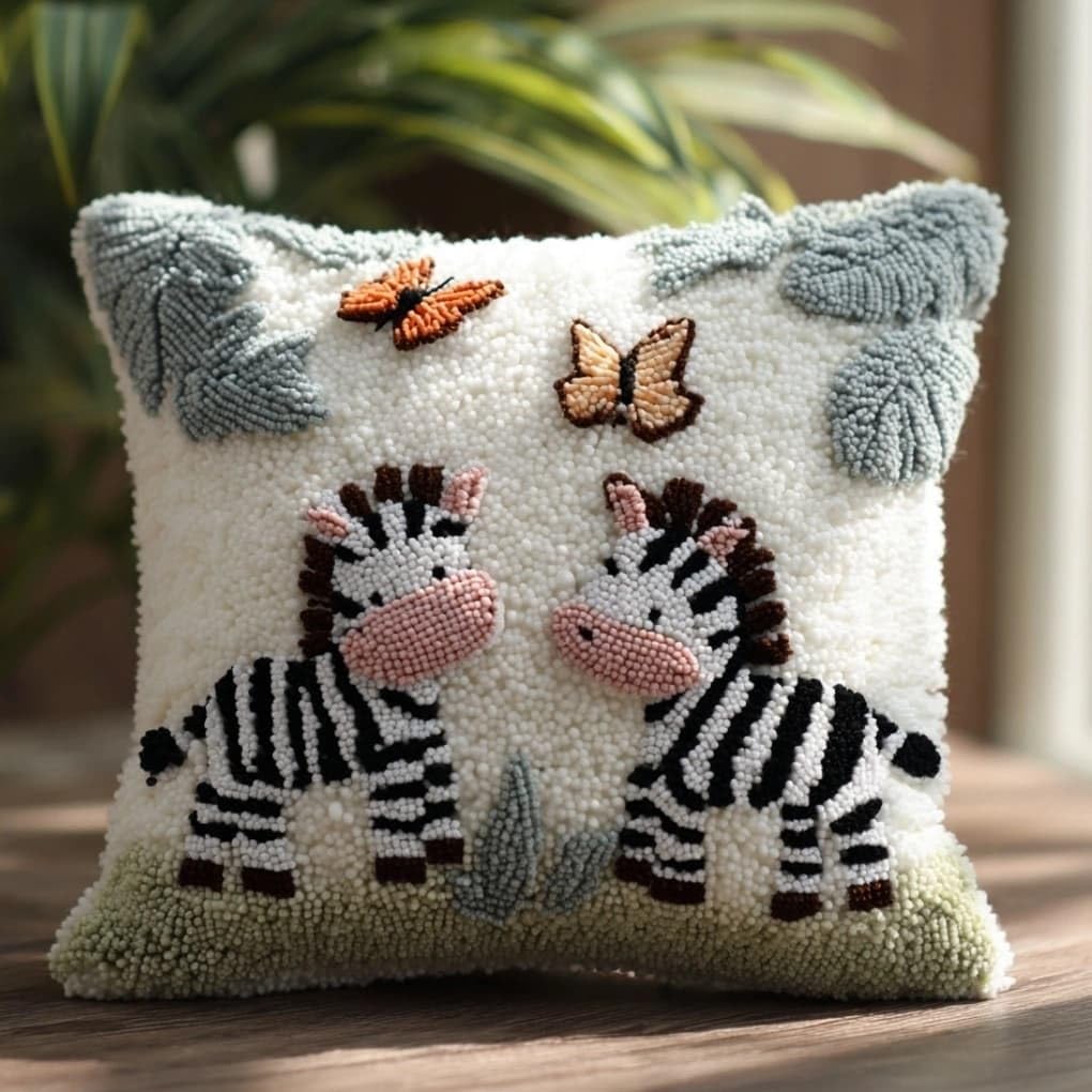 WallustrioaW Latch Hook Pillow Kit -Zebra and Butterfly 43X43Cm Embroidery Art Craft Kit All Ages Unisex