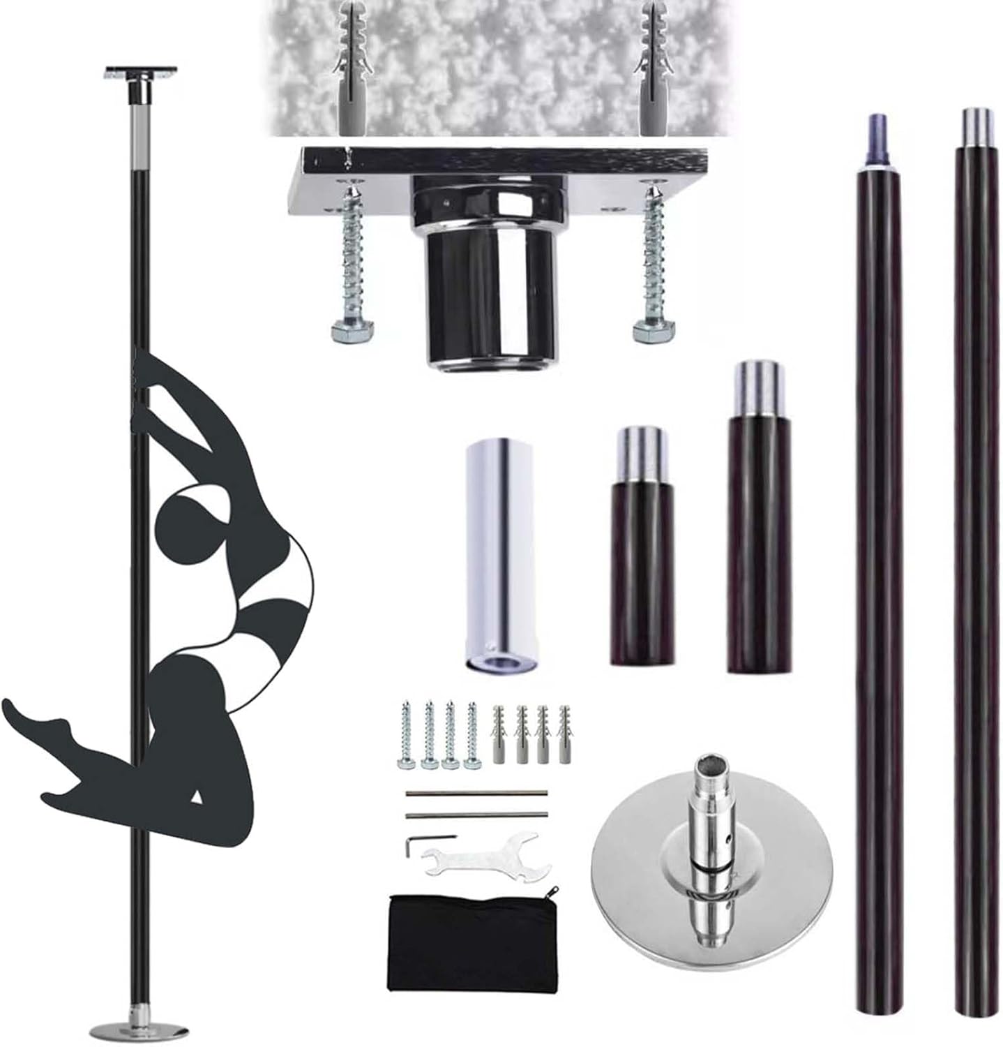 Dance Pole Exercise Club Ceiling Mounted Silicone Stripper Pole, Static & Spinning Adjustable Dance Tube, Non Slip Dancing Pole for Beginners and Professionals (Black 3.3)