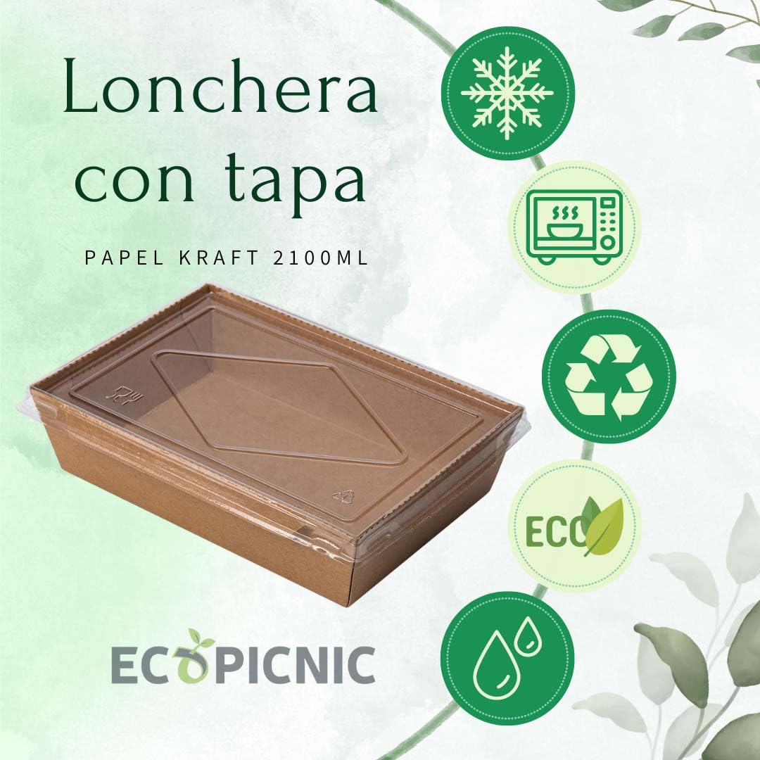 Lunchbox de Papel Kraft con Tapa 200 unidades 2100 ml | Cajas desechables de cartón kraft para comida, ideal para ensaladas, sándwiches, postres y comida para llevar