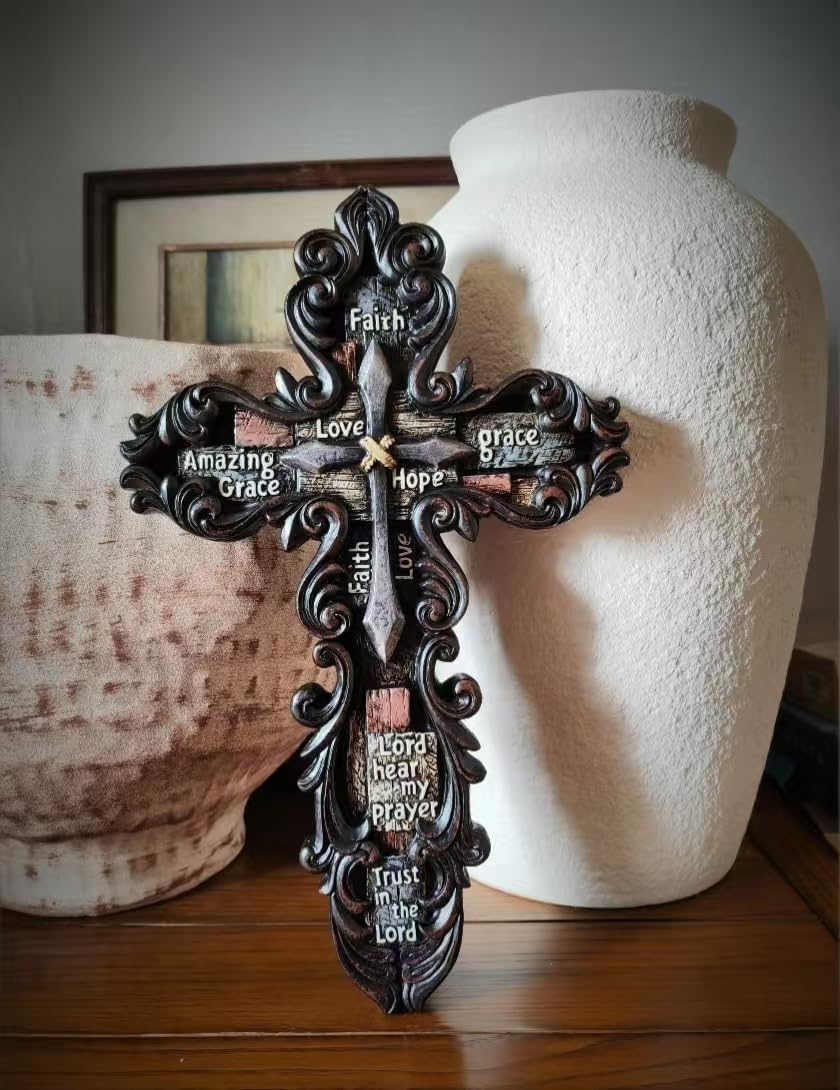 Eagrafts Decorative Resin Wall Cross With Encouraging Words and Phrases, Faux Iron Cross, Home Wall Decor