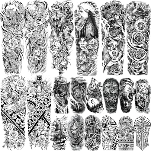 20 Sheets Extra Large Sexy Phoenix Full Arm Temporary Tattoos For Men Adults, Wolf Skull Dove Peace Rose Flower Fake Sleeve Tattoos For Women, 3D Black Maori Cross Halloween Tattoo Stickers Coyote