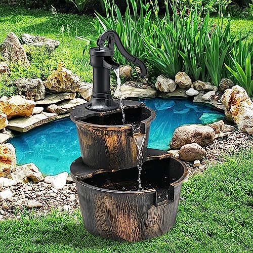 Safstar Water Fountain Outdoor Waterfall Barrel, 2-Tier Barrel And Pump Waterfall Fountain W/Realistic Faux Wood Barrels & Pump Head, Garden Pump Barrel Fountain For Patio Deck Backyard Decor #TOP26