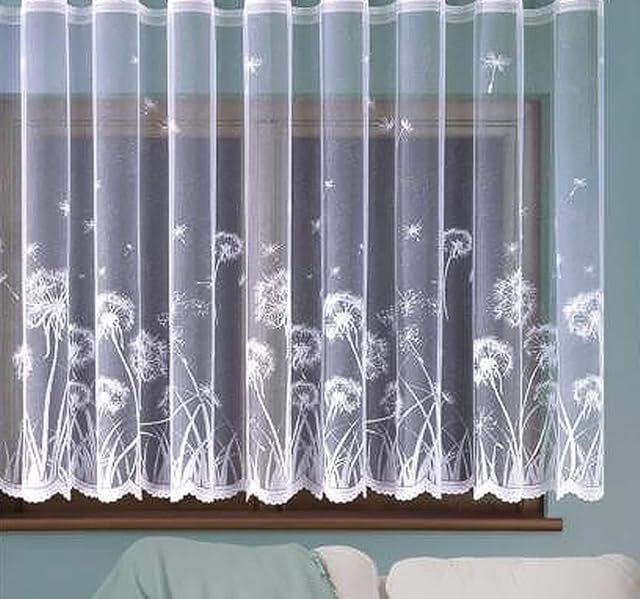 MforStyle White Net Curtain floral design Dandelions READY TO HANG Sold by Metres HEMMED EDGES. Drop: 56" (142cm)