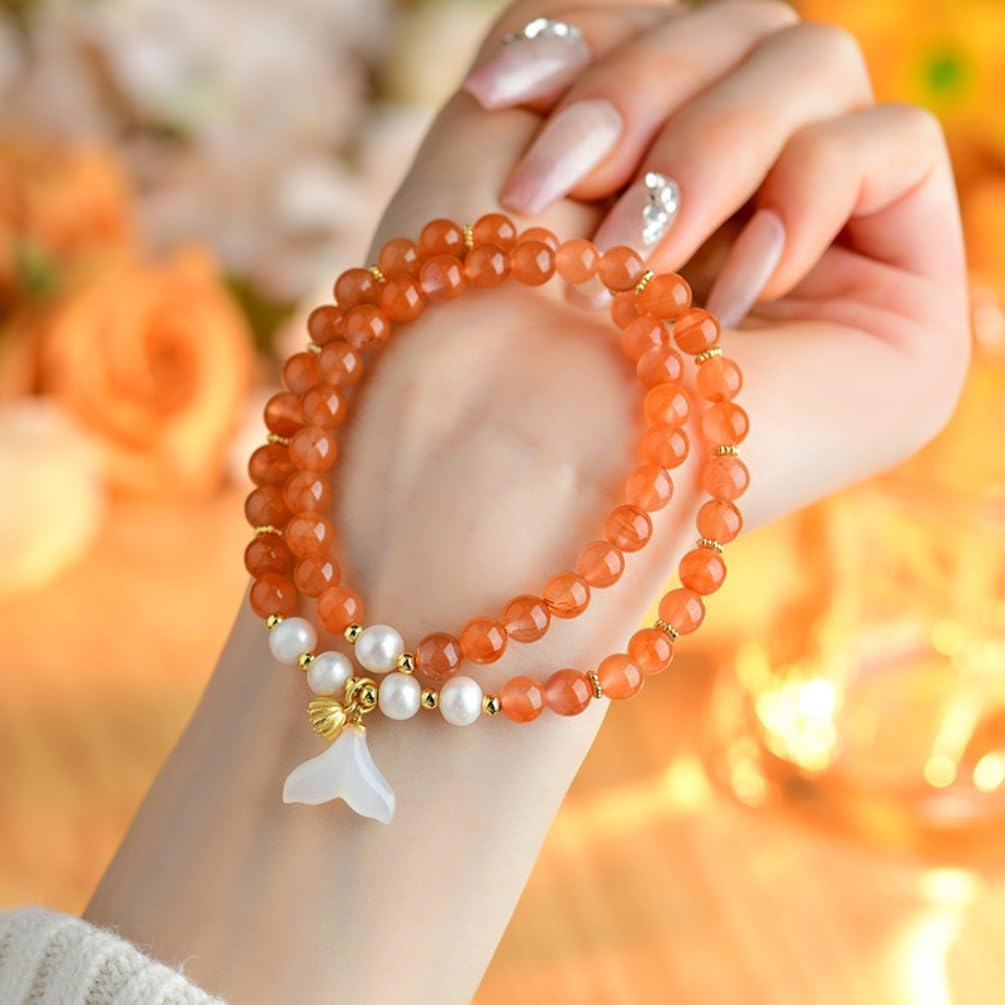 DorkTees (C561南红玛瑙珍珠手链) 南红玛瑙珍珠 Fengshui Jade Bracelet Lucky Charm 手链鱼尾原创时尚百搭新手串送女友闺蜜礼物