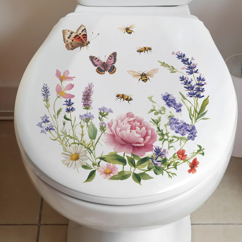 3Pcs Creative Flower, Butterfly & Bee Self-Adhesive Toilet Stickers - Decorative for Bathroom & Restroom Home Decoration Gift for New Home Decoration Sister's mom