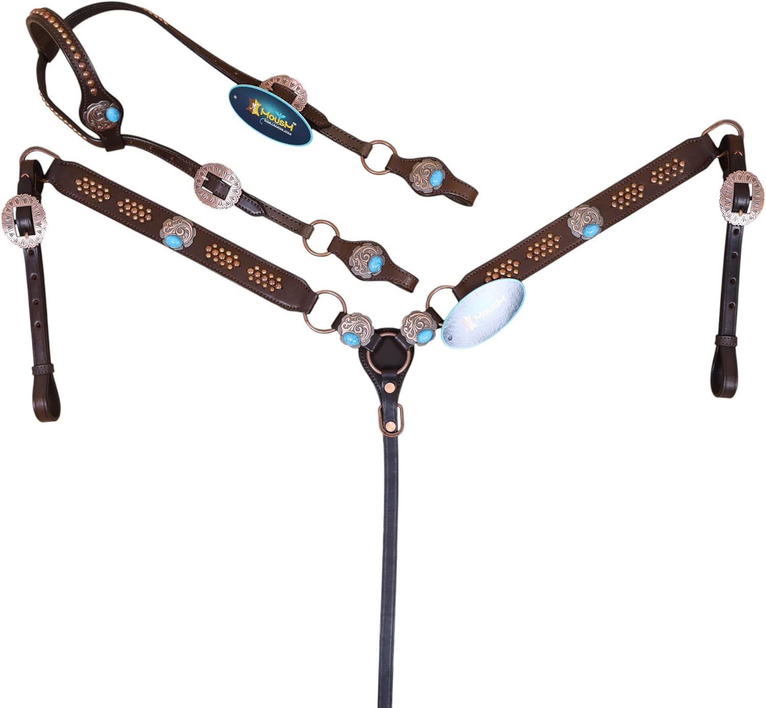 Western Ring Headstall and Breast Collar Tack Set for Horse – Copper Studs, Turquoise Stone Conchos & Extra Ring on Breast Collar – Antique Copper Hardware – Argentina Cow Leather