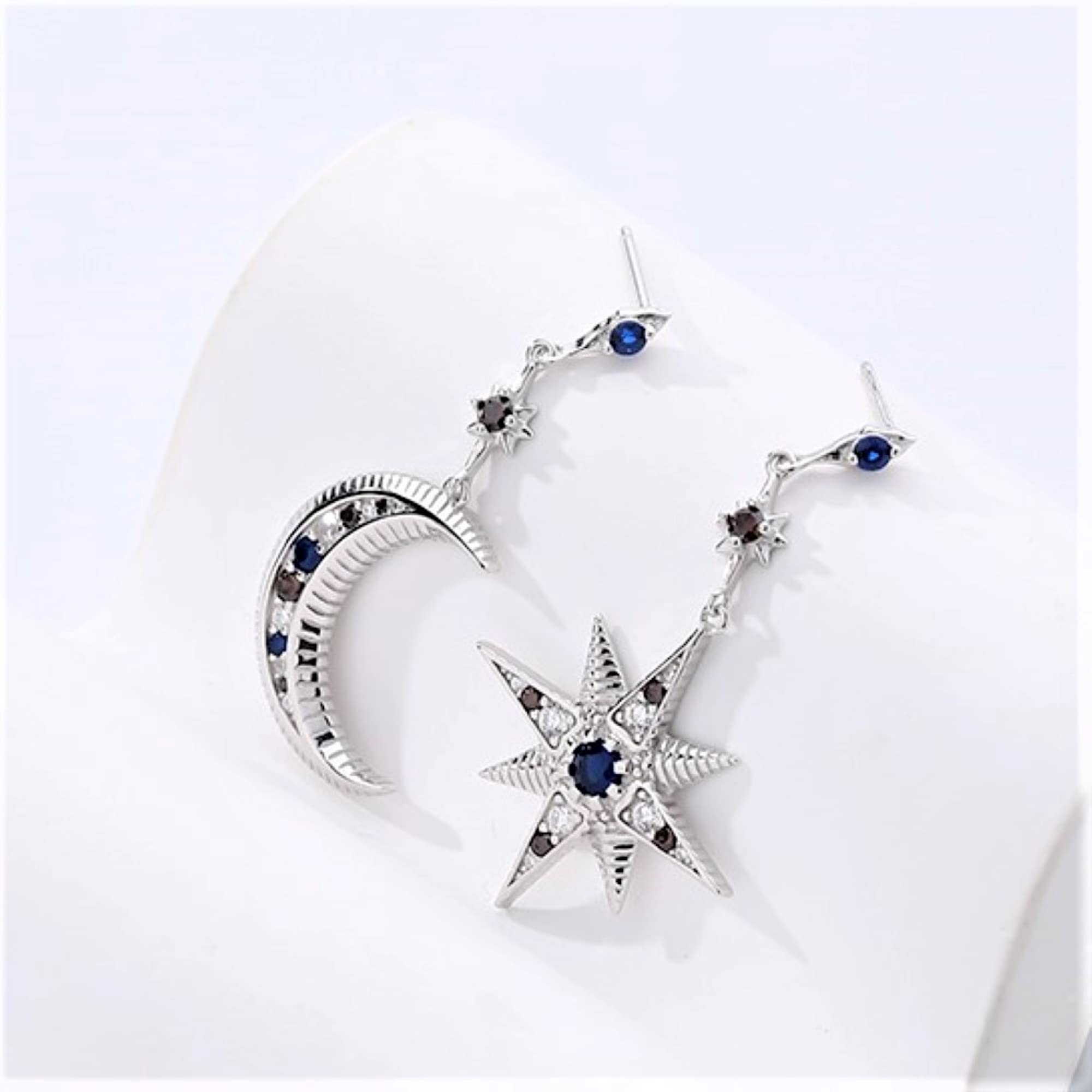 Orecchini Zirconi Cubici in Argento Sterling 925 per Donna, Orecchini Pendenti a Forma di Stella della Luna e del Sole Asimmetrici