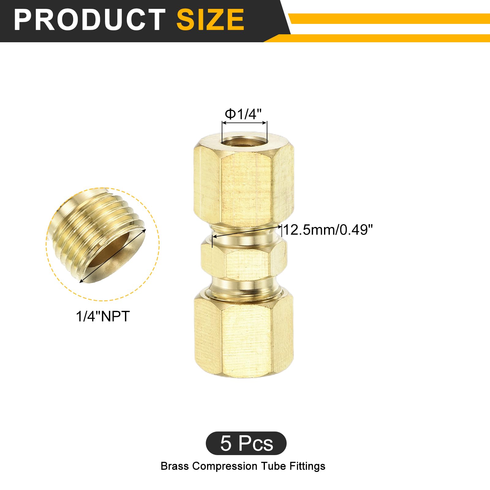 QUARKZMAN 5Pcs Latón Compresión Tubo Montaje, 1/4" Tubo OD x 1/4" Tubo OD Conector Recto Acoplamiento Adaptador Unión Accesorios, Conector de Tubería de Compresión de Latón