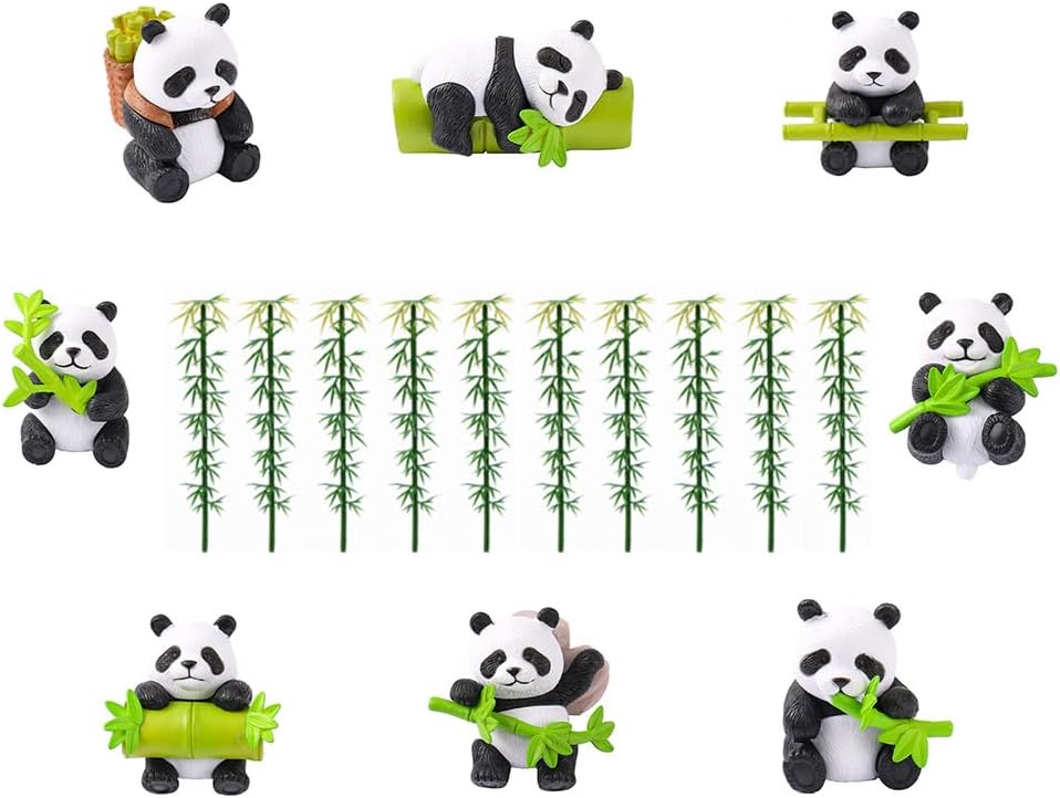 8Pcs Cute Miniature Panda Figurines with10 Pcs Model Bamboo Trees for Micro Landscape Moss Landscape Bonsai Craft Birthday Party Decoration DIY Fairy Garden
