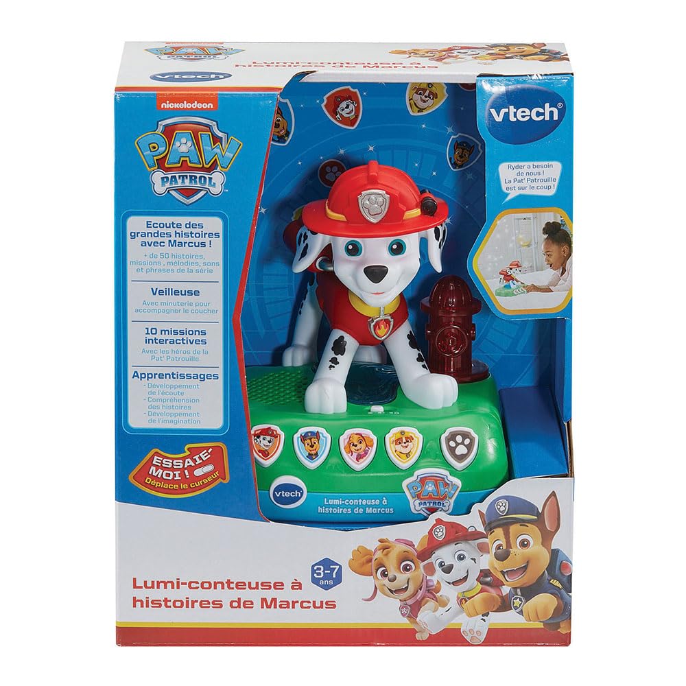 VTech - Pat' Patrouille, Lumi-Conteuse à Histoires de Marcus, Boîte à Histoires Veilleuse, Jouet Interactif et Musical Paw Patrol avec 4 Jeux, Cadeau Enfant de 3 Ans à 7 Ans - Contenu en Français