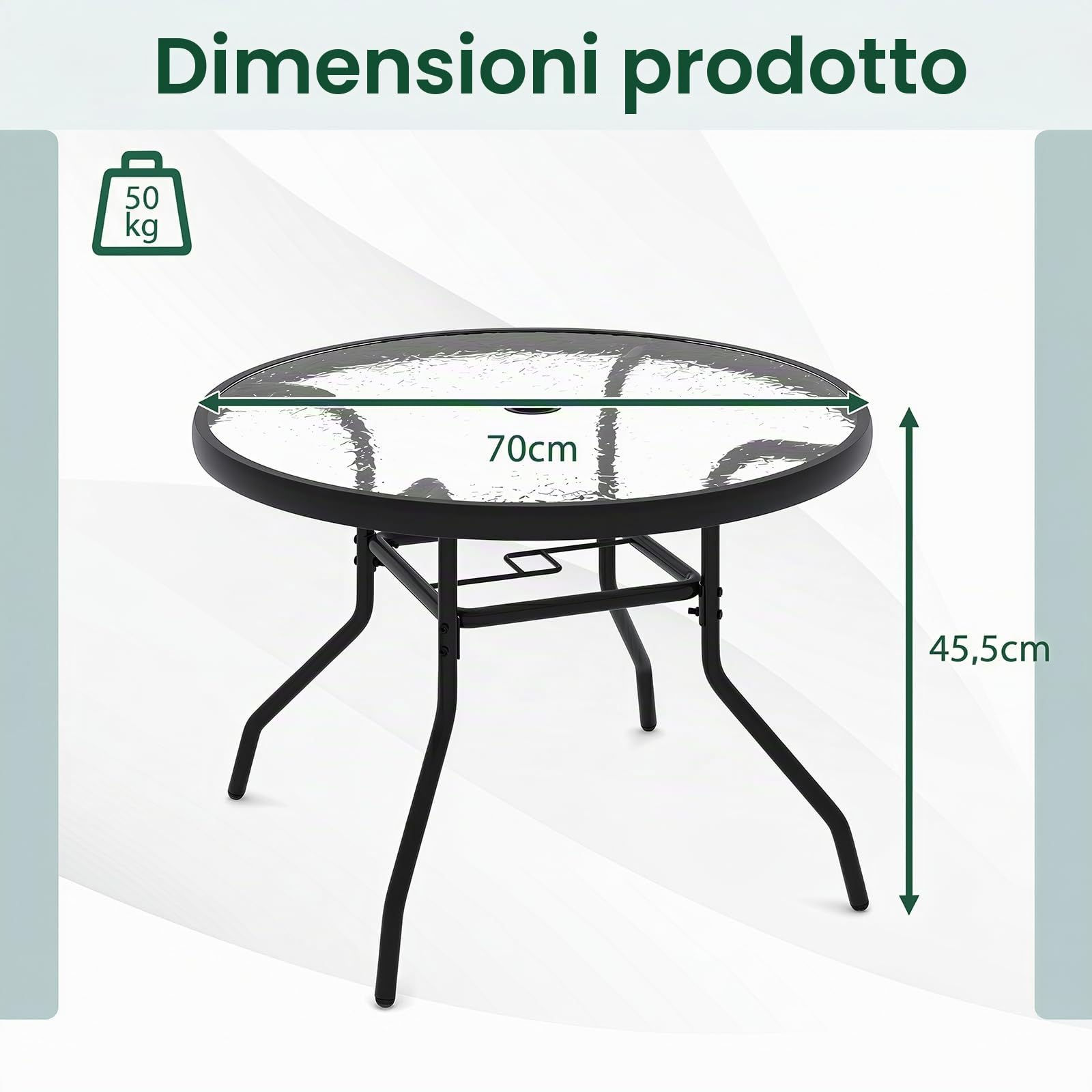 KOMFOTTEU Tavolino da Esterno in Vetro Antiscivolo con Foro Ombrellone | Tavolino Rotondo da Caffè con Struttura in Metallo, per Balcone e Piscina, 70 x 70 x 45,5 cm