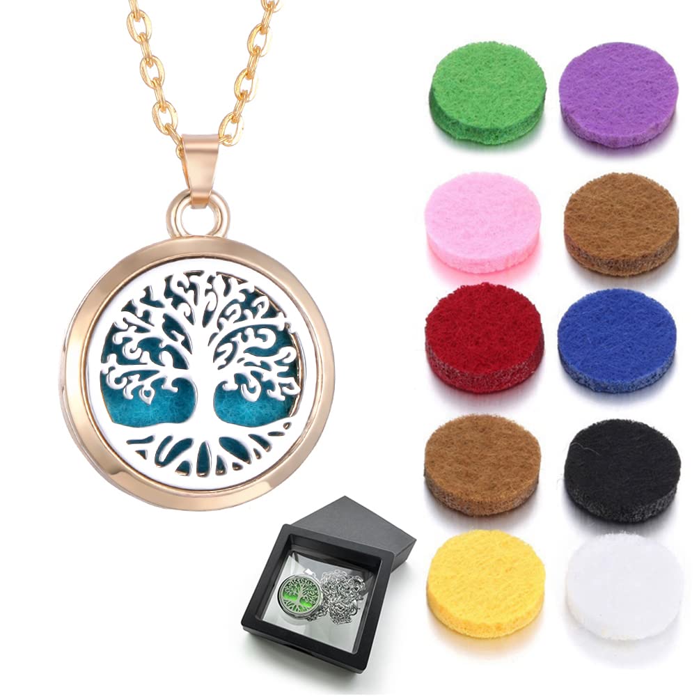 Aromatherapie-Halskette mit Diffusor für ätherisches Öl, Baum des Lebens, 61 cm Kette und 10 Farben aus Baumwolle XM002-3