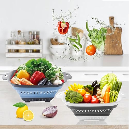 Miniatura 6 de Juego de coladores plegables, cuadrados y triángulos, colador de cocina de silicona, perfecto para drenar pasta, verduras, frutas, 2 piezas (10.8