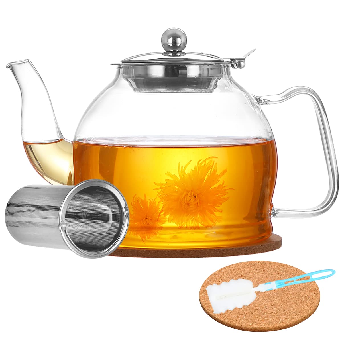 AODIGEGEGlass Teapot, 1200ml Tea Pot Teapot with Infuser, Cork Coasters, Bottle Cleaning Brush, Borosilicate Glass Teapot for Stovetop Safe, Glass Teapot for Blooming Tea, Loose Tea, Flowering Tea