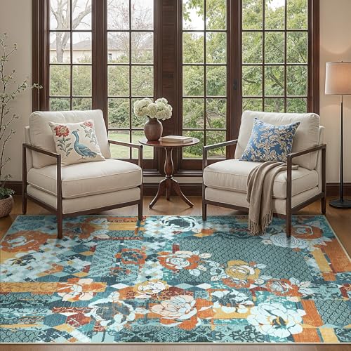 GENIMO 5X7 Floral Area Rugs for Living Room, Machine Washable Non Slip Vintage Patchwork Washable Rug, Ultra-Thin Low Pile Chenille Rugs for Bedroom, Dining Room, Navy Blue