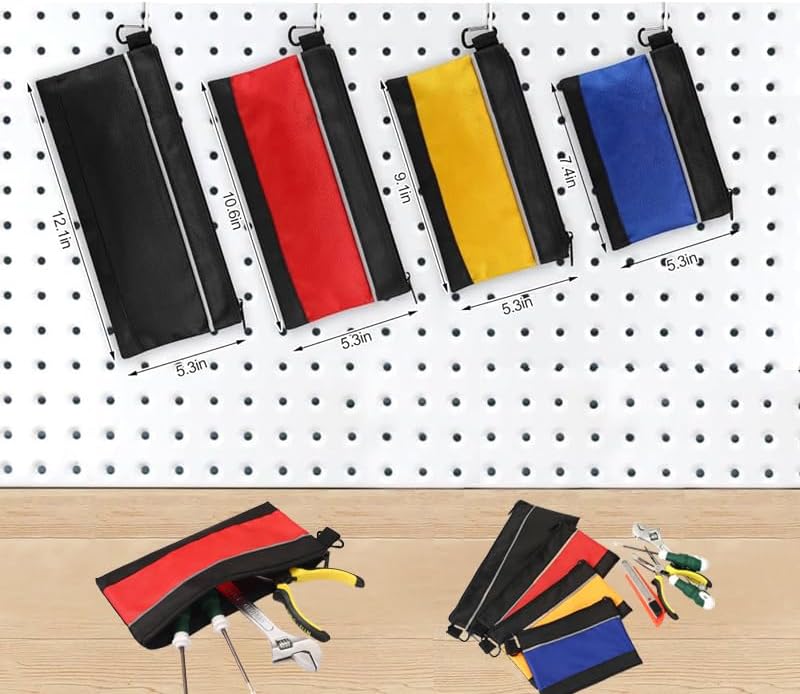 4-Pack 1680D Oxford Waterproof Tool Pouches, Heavy Duty Tool Bags with Reflective Strip & Carabiner, Zipper Tool Organizer for Contractors & DIY