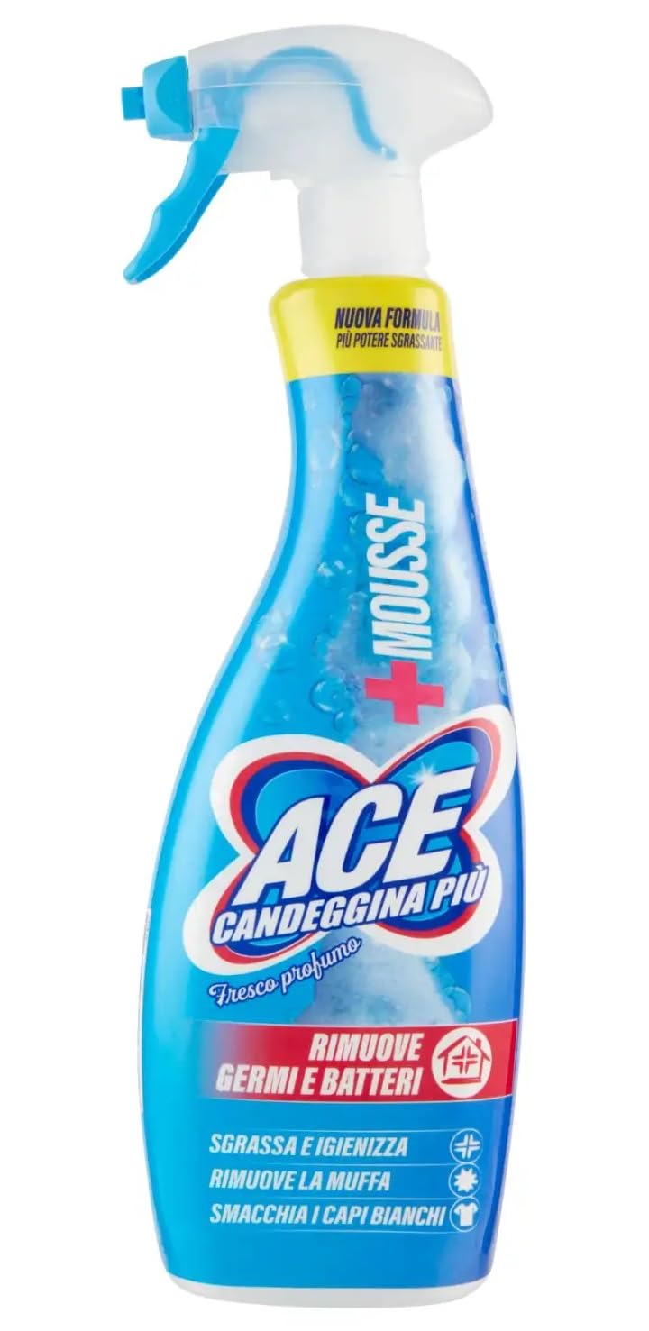 10x ACE Candeggina +Mousse Fresco Profumo, sgrassa le superfici della casa e le macchie più ostinate del bucato,Flacone Spray da 700ml + Portachiavi Beni Culinari in Omaggio