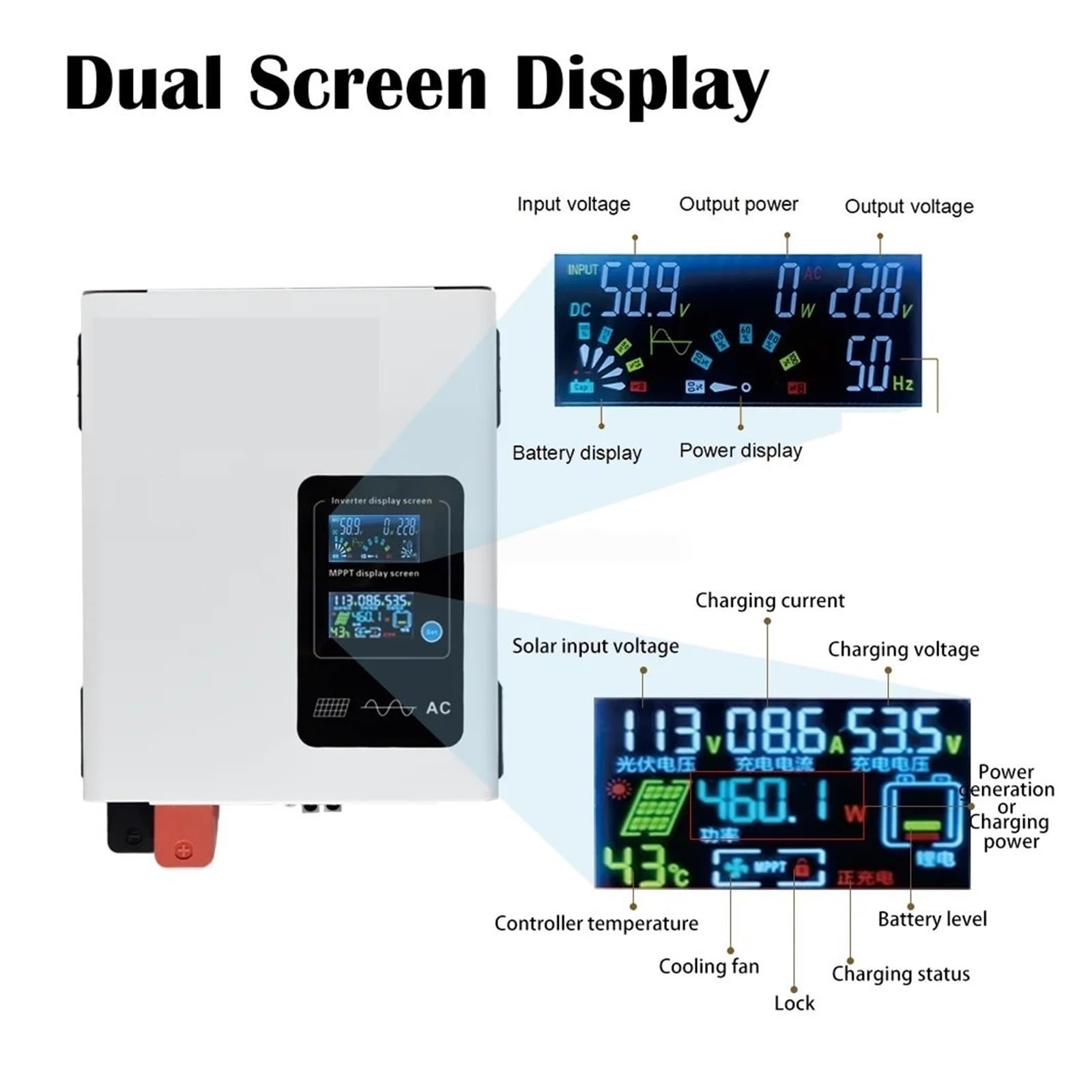 Inverter ibrido solare MPPT, inverter di energia solare MY-ES2000 2300w | Controller inverter 60a doppio display con ventola(48V,220V)