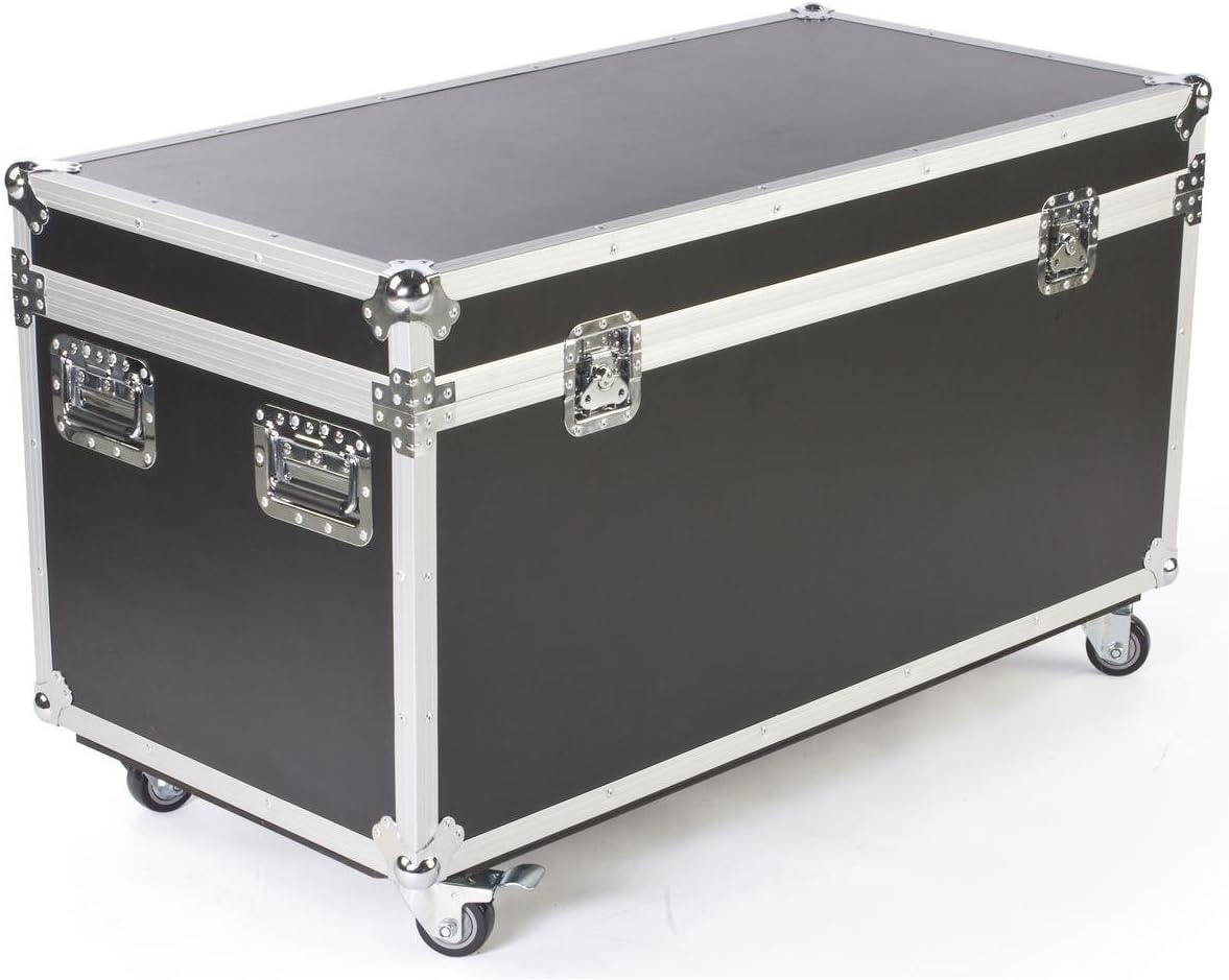 Large Black Transport Trunk with a Chrome Trim, Polystyrene Foam Interior Lining and Locking Wheels