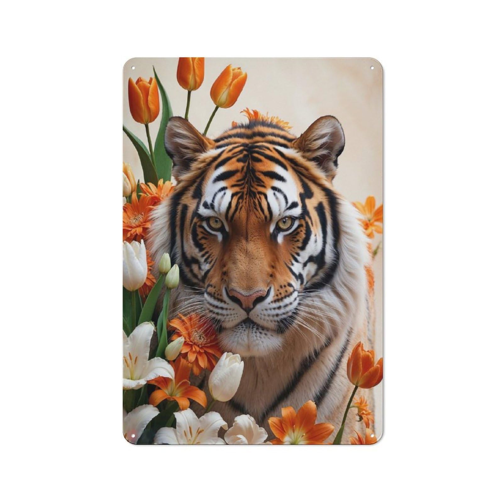 Junmoney Style Metal Wall Sign 30X20cm Featuring Tiger With Flowers For Hallway Wall, For Hallway Decor Lovers, For Retro Home Interiors