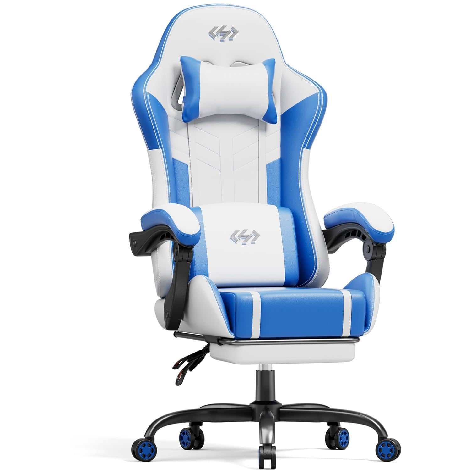 HLFURNIEU Chaise Gaming Massante, Chaise Gamer avec Coussin à Ressorts Ensachés, Fauteuil Gaming avec Coussin Lombaire Massant et Repose-Pieds, Appui-tête, Siège Gaming Blanc et Bleu