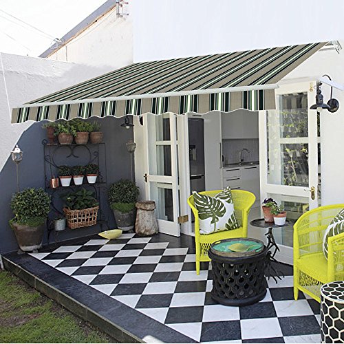 Green Bay Multi-stripe 4.5m x 3m Patio Awning Manual Garden Canopy Sunshade Retractable Shelter Outdoor Shade