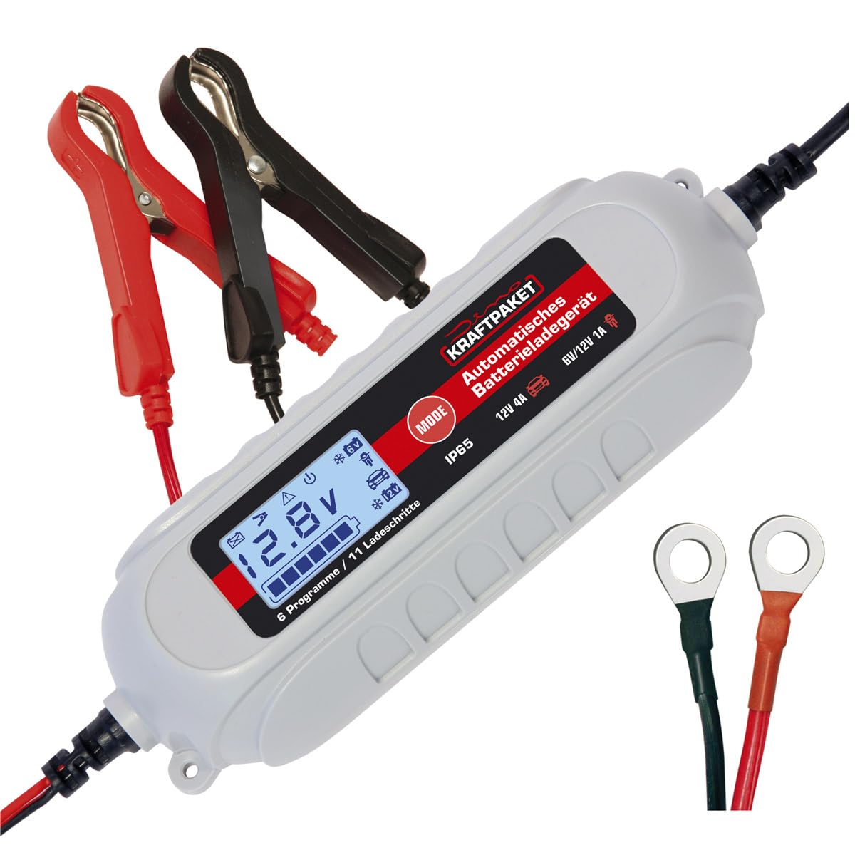 Dino KRAFTPAKET 4A-6V/12V intelligentes und automatisches Batterieladegerät | Für Blei-Säure, GEL, Start/Stopp EFB, AGM-Batterie | KFZ-Ladegerät für Auto, Motorrad, Kleintransporter, PKW, Boot