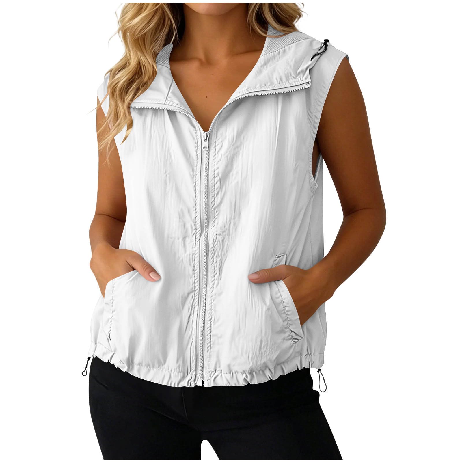Generisch Weste Damen Sommer Jacke Leicht Sommerweste Ärmellose Sommerjacke mit Kapuze Damenwesten Stehkragen Sportweste Outdoor Sportjacke Dünne Kapuzenjacke