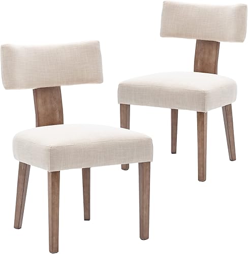 Miniatura 6 de Juego de 2 sillas de comedor estilo granja, sillas de comedor tapizadas de lino, sillas Parsons con patas de madera maciza, color beige