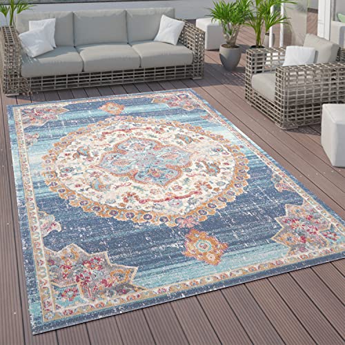 Paco Home Outdoor Teppich Kurzflor Garten Terrasse Wohnzimmer Vintage Pastell Orientalisches Muster...