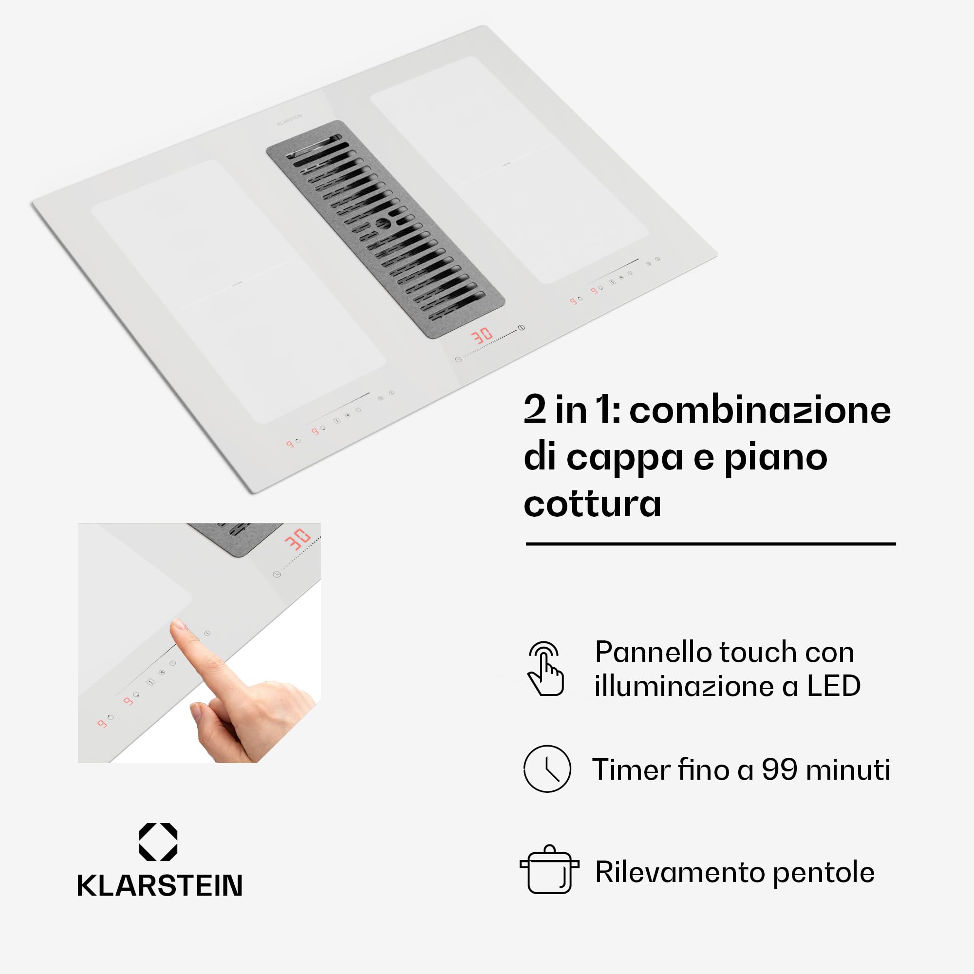 Klarstein - Piano cottura con cappa integrata, piano cottura 2 in 1 con cappa integrata per cucina a isola, flusso d'aria di 391 m³/ora, Touch Control, classe energetica A+