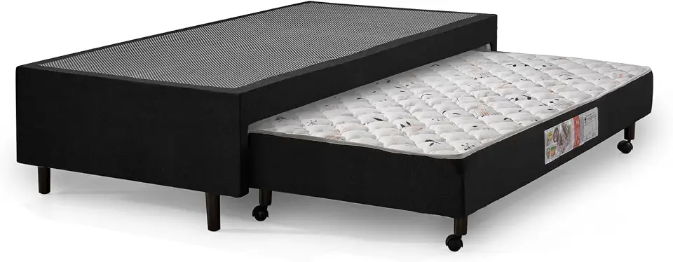 Cama Base Box de Solteiro Preta Com Colchão Conjugado Auxíliar Com Rodinhas - 88x188x52