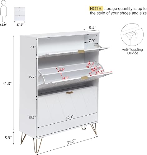 Miniatura 2 de UEV Zapatero organizador de almacenamiento independiente con cajones y patas de metal moderno armario de almacenamiento de zapatos con 3 cajones