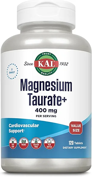 KAL Magnesium Taurate 400mg Plus Vitamin B6, Chelated Magnesium Supplement, High Absorption Magnesium Complex, Muscle and Heart Health Support, Vegan, Gluten Free, 60-Day Guarantee, 60 Serv, 120 Tabs