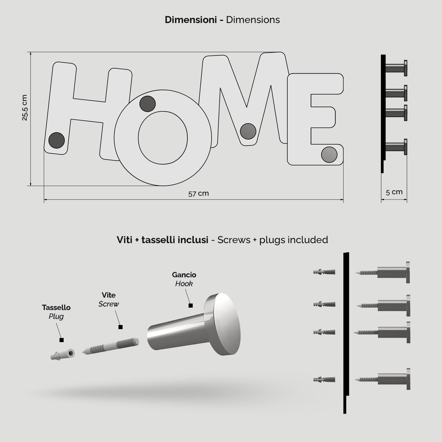 Giallobus - Appendiabiti da parete 4Me - 12 - Home - Legno Mdf + Alluminio - 60L x 25l cm - 07 - M - Attaccapanni da Muro con 4 Ganci in Alluminio e Legno
