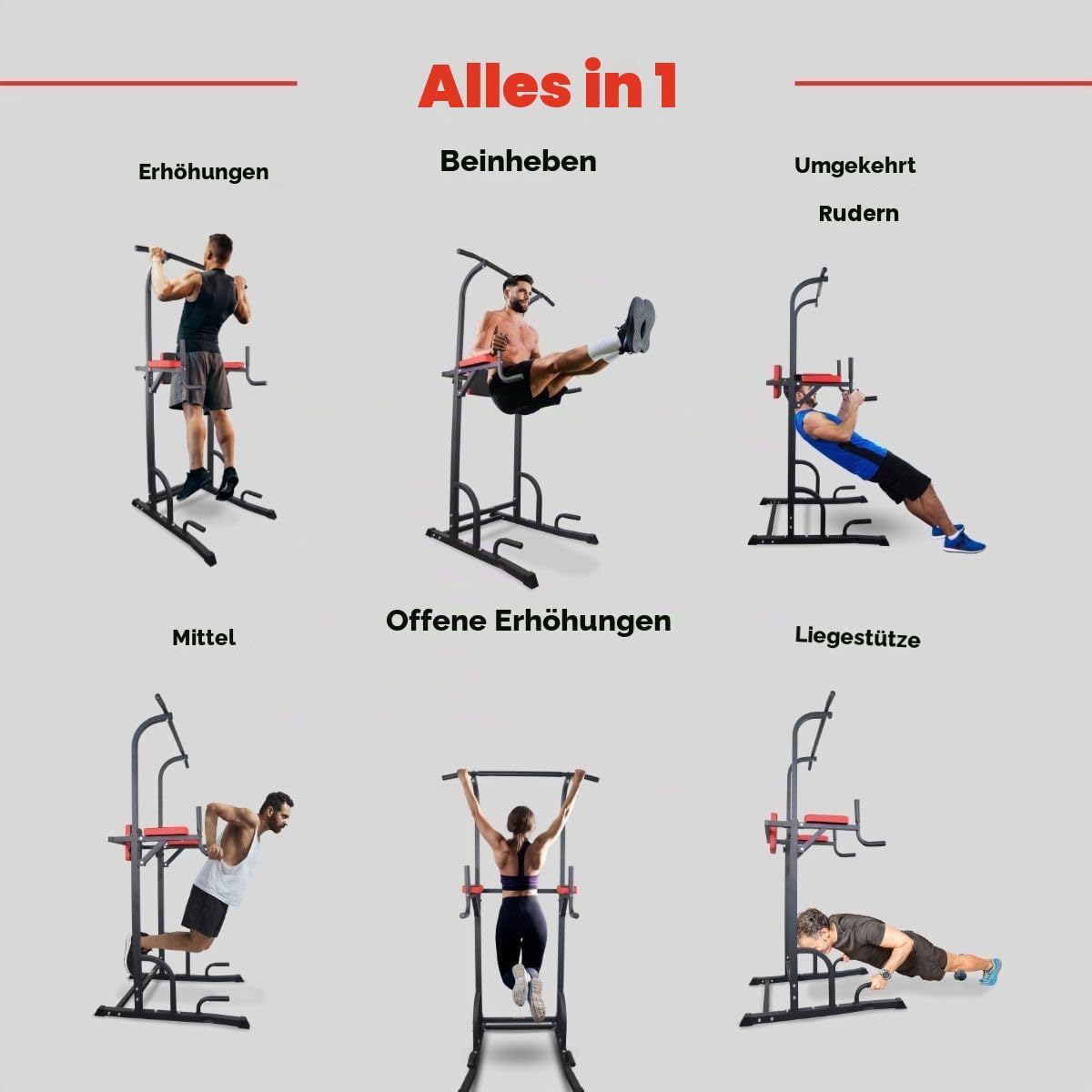Mobiclinic®, Power Tower Dip Station, In 8 Stufen Höhenverstellbar, Klimmzugstange Freistehend, Rückenverstellbar, Multifunktionsturm, Stabil, Fitnessstudio zu Hause, Multifit