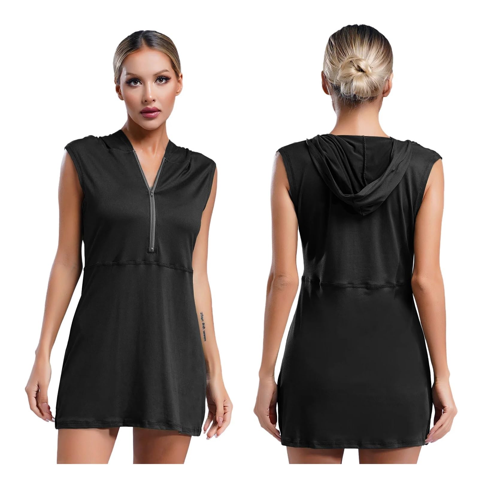 Abito Sportivo Abito da Tennis Donna con Cappuccio, Moda Golf e Badminton, Senza Maniche, Mezza Cerniera Vestito Tennis Donna(Black,XL)