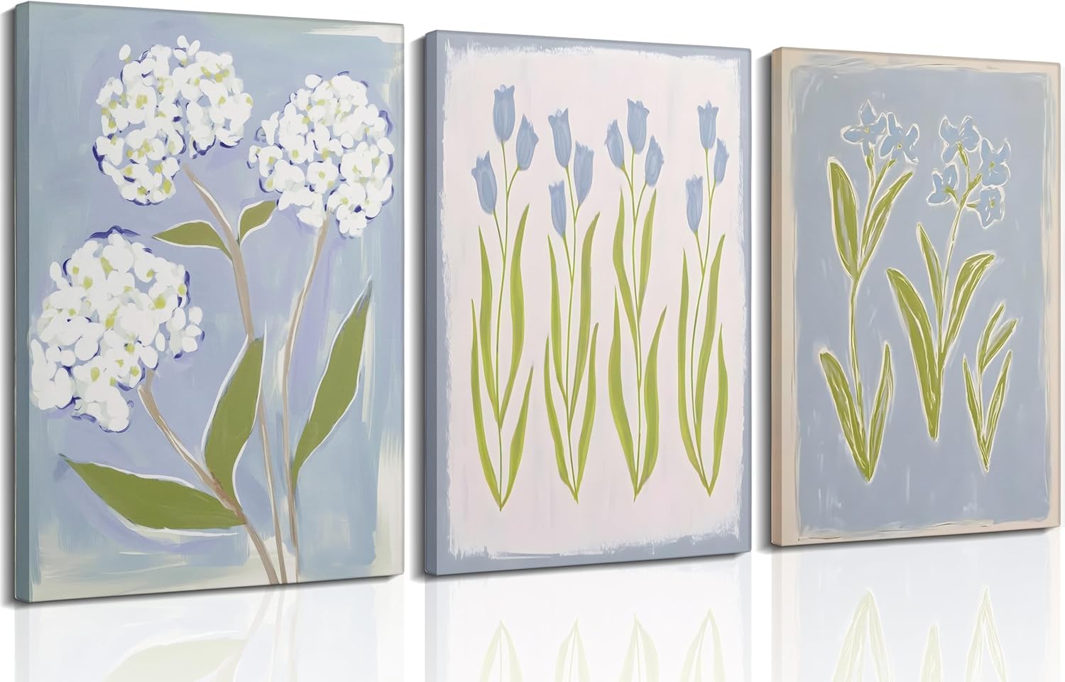 lianyibo 3Pcs Blue Green Tulip Hydrangea Flower Wall Art Flowers Plant Painting Poster Print Artwork for Living Room Decoration(60x80cmx3/Frameless)