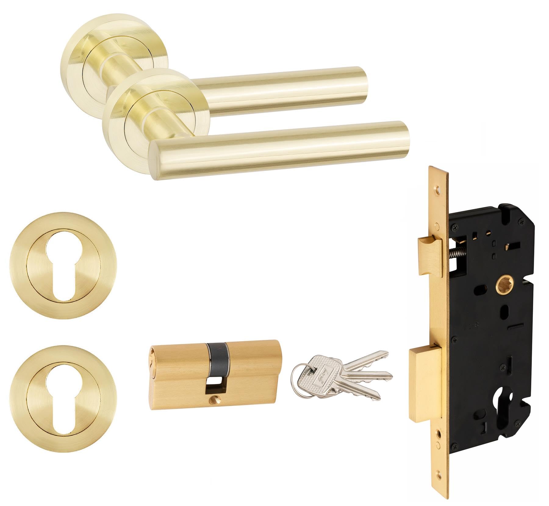 Golden Grace Straight T-Bar Door Handle Set, 70mm Euro Lock, Satin Brass