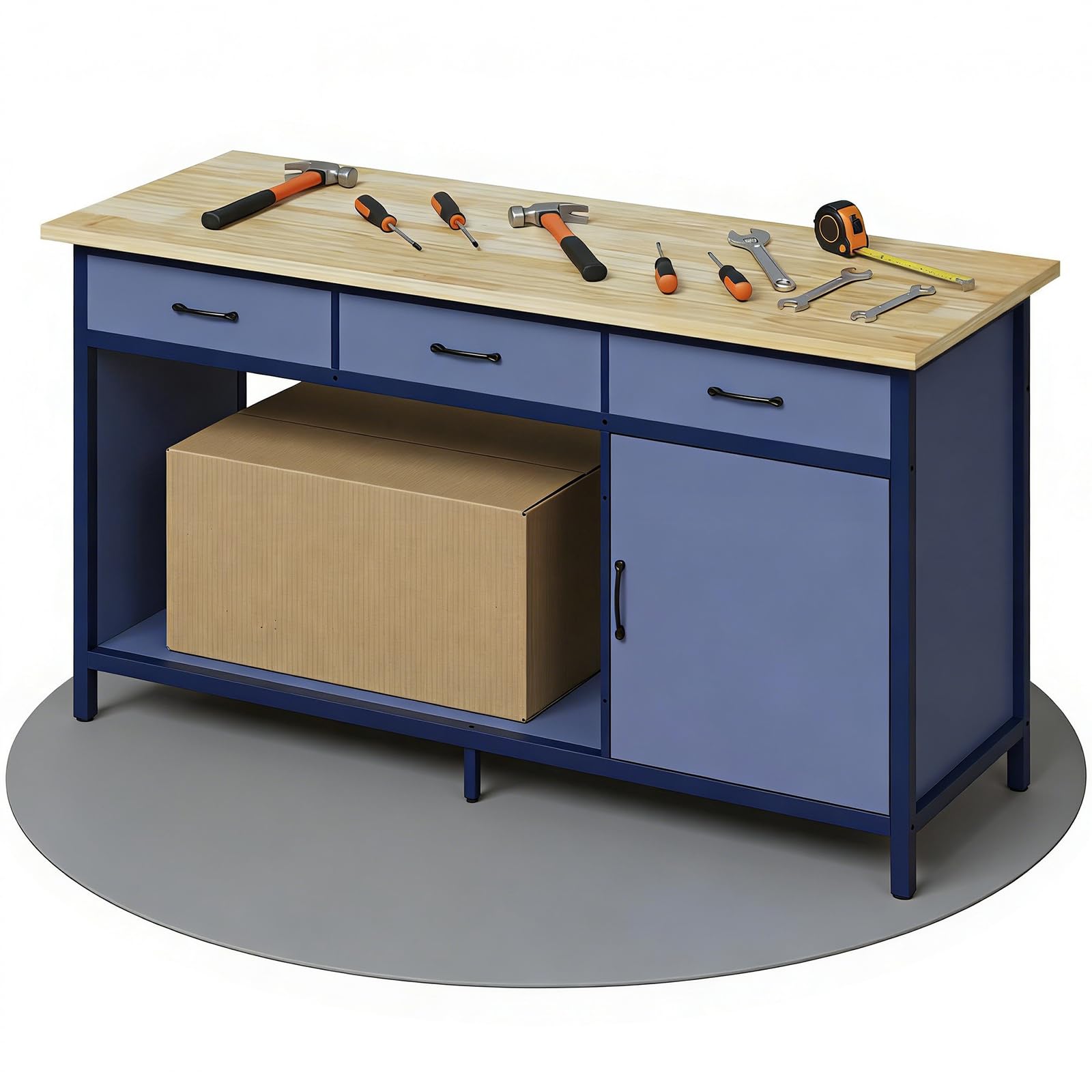 Jummico Werkbank bis 500 kg Belastbar 3 gleitfähige Schubladen 1 Offener Stauraum 25 mm Holzplatte Werktisch 160 x 60 x 85 cm