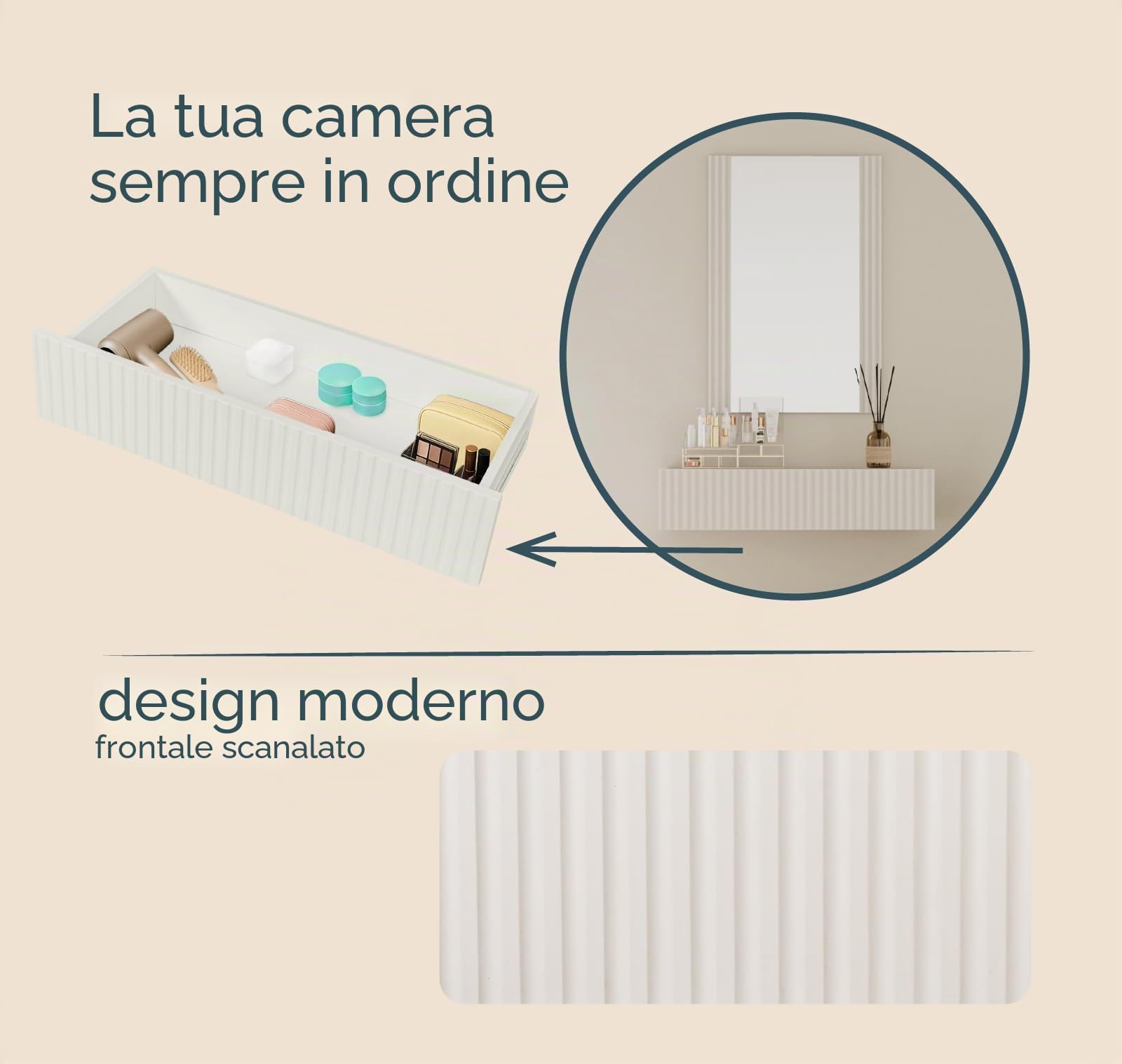 MB Muebles Bonitos, Toeletta Sospesa con Specchio Velia, Toeletta con Cassetto, Design a Scanalature, Melaminico e PVC, Colore Bianco, Ideale per Camera da Letto