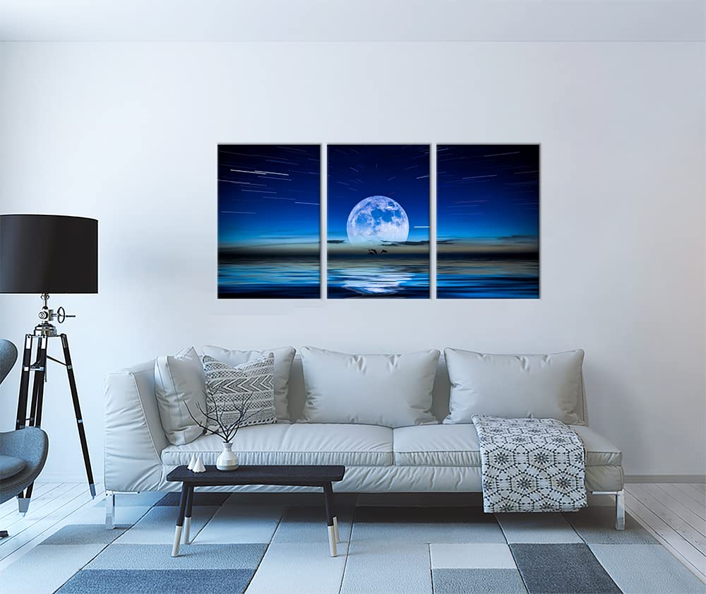 Wewejia Moon Canvas Wall Art Blue Ocean Dolphin Black Seascape 3Pcs Painting for Living Room Office Home Decor Ready to Hang