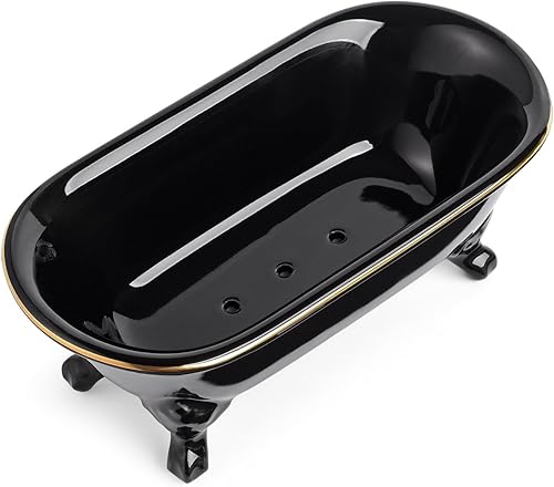 Miniatura 7 de Jabonera decorativa de cerámica de 6.5 pulgadas, soporte para esponja de cocina y bandeja de ducha para baño, 1 paquete (borde negro dorado)