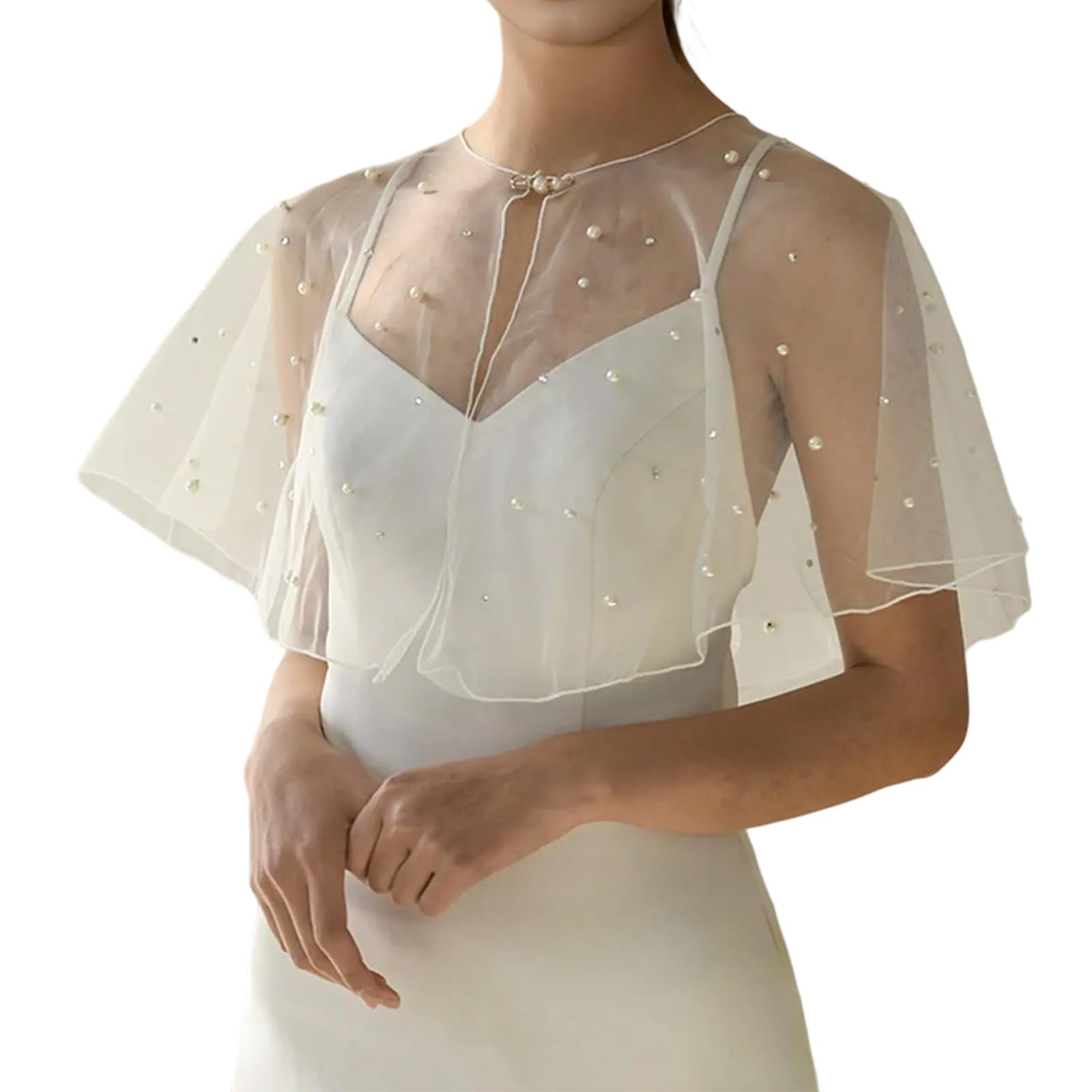 Micfeny Women's Beige Elegant Pearls Rhinestoned Wedding Shawl For Bride And Soft & Comfortable See Through Wedding Capelet