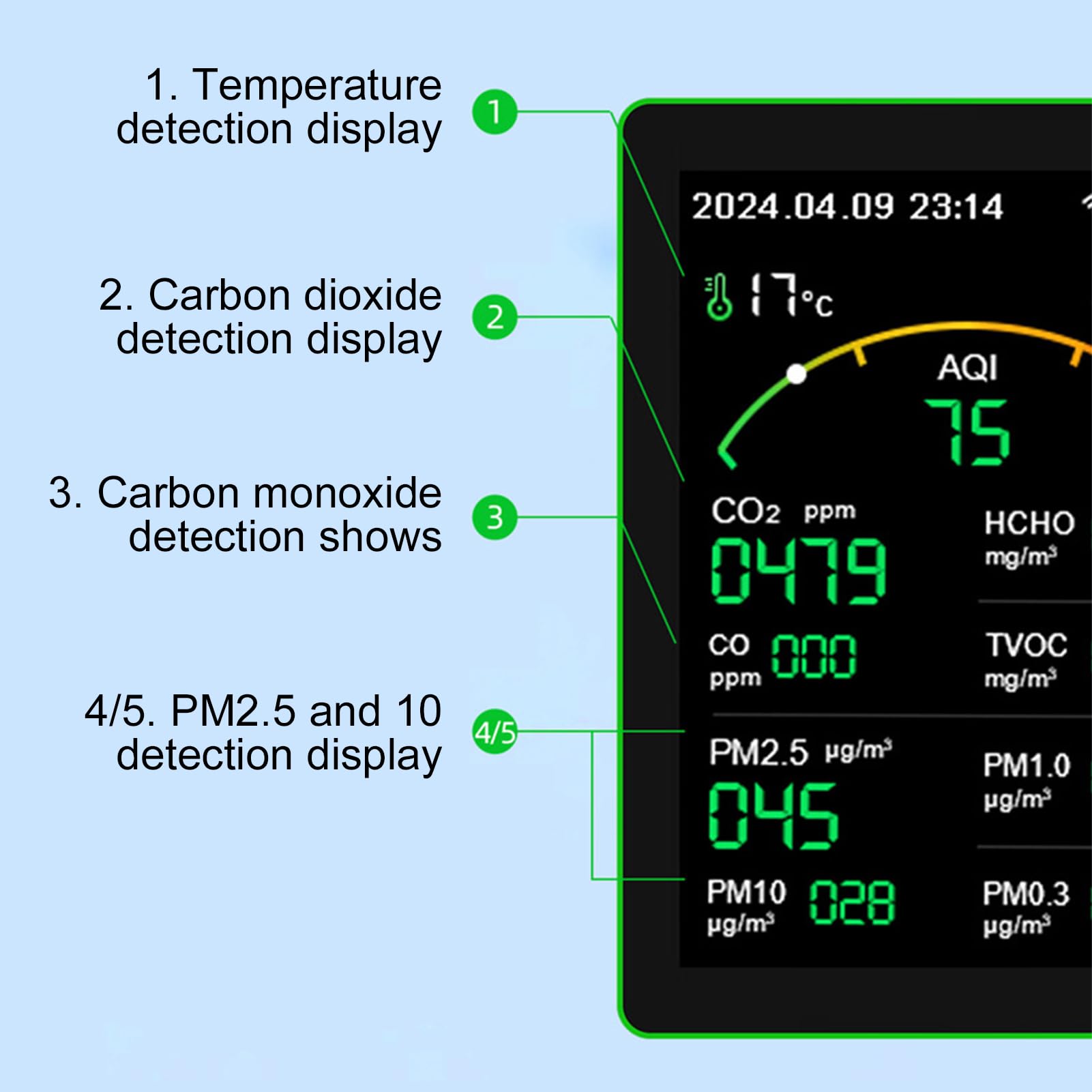 Detector de CO2, Detector de Aire Inteligente, Medidor Monitor Calidad del Aire 15 en 1 CO2 CO HCHO TVOC PM Temperatura y Humedad Probador