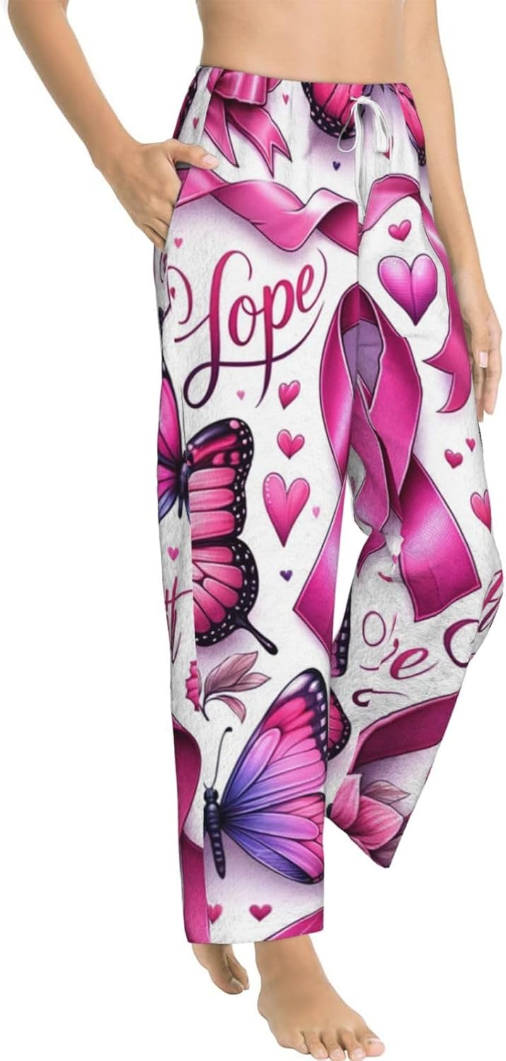 Women'S Faith-Ribbons-Butterfly Fleece Pajama Pants, Cozy Flannel Lounge Bottoms For Women