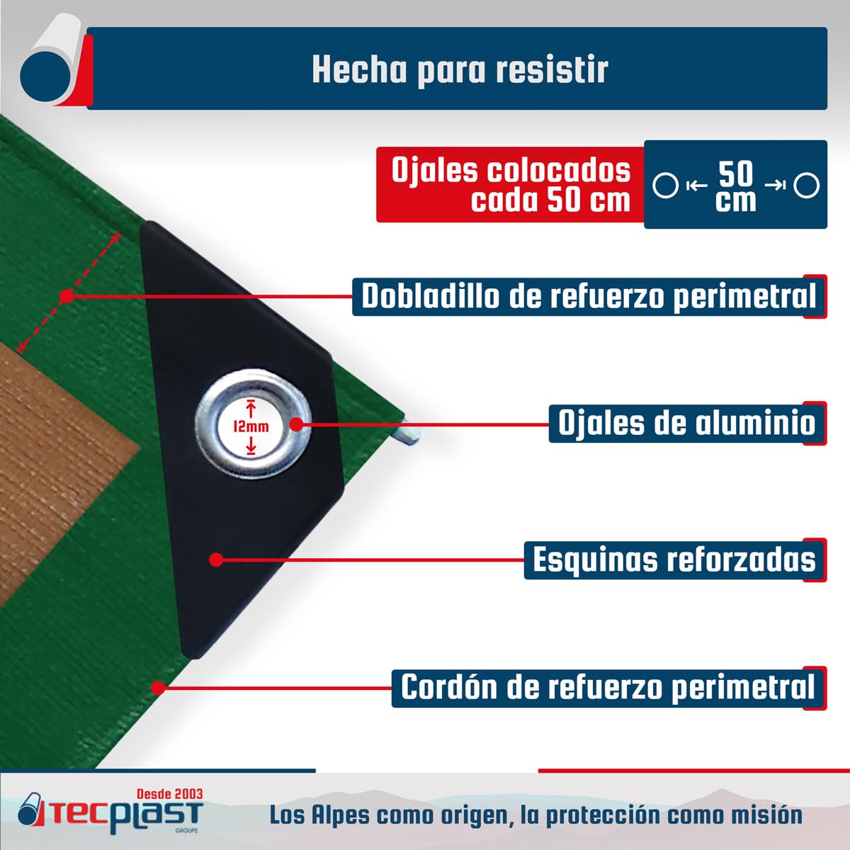 Lona para Techos 10x12 m - TECPLAST - HQ250TO - Verde y Marrón - Máximo Rendimiento - Lona Impermeable para Techadores y Carpinteros