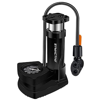 Amazon Brand - Symactive Portable High-Pressure Floor Foot Air Cycle Pump upto 160 PSI | Easy-to-Read Dial | Heavy Compressor Cylinder with Pressure Gauge | For Motorbike/Cars/Bicycle/Football (Black) - image, photos