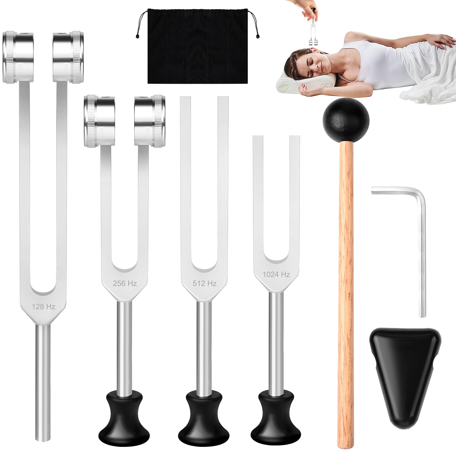 Diapasón, Diapasones Terapéuticos de Aleación de Aluminio(128Hz/256Hz/512Hz/1024Hz) Diapason Musical con Martillo de Silicona y Herramienta de Reparación para Sonido Curación ADN RelajacióN